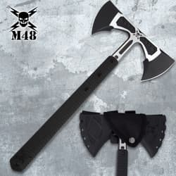 Double-headed tomahawk with sheath on a textured background