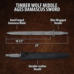Diagram of Timber Wolf Damascus sword with sheath