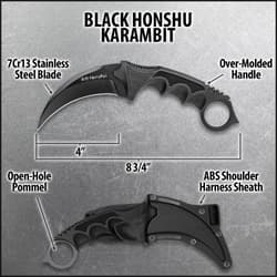 A person is shown with the karambit in a shoulder harness, worn in various ways.