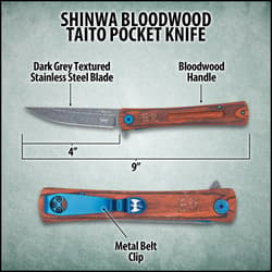 Detailed view of the back of the reddish-brown pakkawood handle with engraved kanji and blue pocket clip.