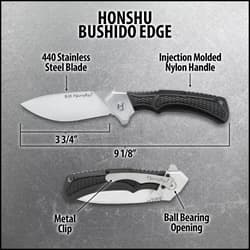 Dimension shot of the Honshu Bushido Edge Pocket Knife open and closed.