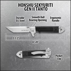 Diagram of Honshu Gen II Tanto knife with features labeled