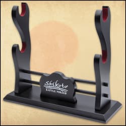 The sturdy table-top display stand is constructed of premium wood with a sleek, black finish and will cradle two swords