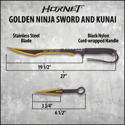 Golden ninja sword and kunai with dimensions labeled