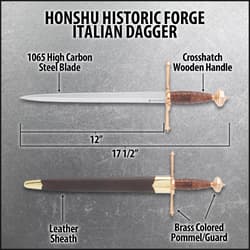 A zoomed look at the piercing point of the Honshu Historic Forge Italian Dagger’s 1065 carbon steel blade.