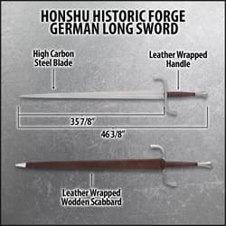 Zoomed view of the point of the 1065 carbon steel blade of the Honshu Historic Forge German Long Sword.