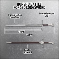 Diagram of Honshu battle forged longsword with dimensions