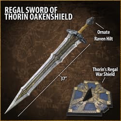 Sword labeled 'Regal Sword of Thorin Oakenshield' with dimensions