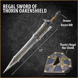Sword labeled 'Regal Sword of Thorin Oakenshield' with shield