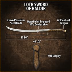 Diagram of LOTR Sword of Haldir with dimensions and features