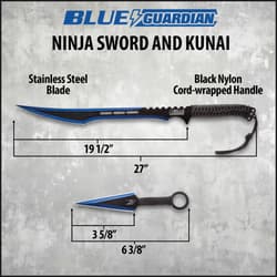 Blue Guardian ninja sword and kunai with dimensions
