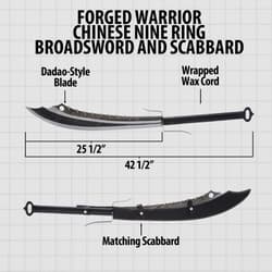 Diagram of Forged Warrior broadsword and scabbard with dimensions