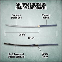 Shinwa Colossus Handmade Odachi / Giant Samurai Sword - Hand Forged Damascus Steel; Genuine Ray Skin; Dragon Tsuba - Functional, Full Tang, Battle Ready - 60”