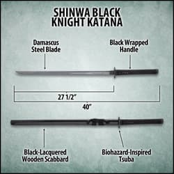 The hardwood handle is traditionally wrapped in cord-wrap over faux rayskin and the biohazard-style, cast tsuba is black