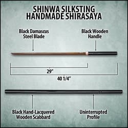 “Shinwa” is engraved onto the black Damascus steel of the blade.