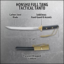 Diagram of Honshu full tang tactical tanto with labeled features