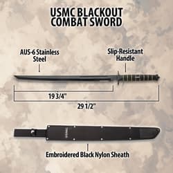 USMC Blackout Combat Sword with dimensions and features