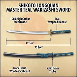 Shikoto Hammer-Forged Longquan Master Teal Wakizashi Sword - 1060 High Carbon Steel Blade, Tea-Dyed Rayskin, Brass Tsuba, Wooden Scabbard