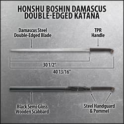 Honshu Boshin Damascus Double Edge Sword With Scabbard - Damascus Steel Blade, TPR Textured Handle, Stainless Guard And Pommel - Length 40 13/16”