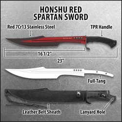 The Honshu Red Spartan Sword has a two-tone red and black stainless steel blade