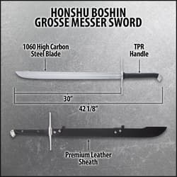 The sword has an overall length of 42 1/8” and can be carried in its premium leather sheath