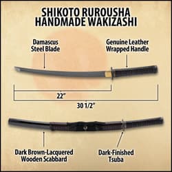 Wakizashi shown in full with 22” Damascus steel blade and wooden handle wrapped in genuine brown leather.