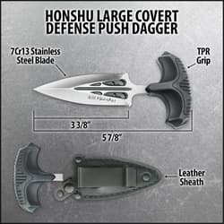 Honshu Large Covert Defense Push Dagger And Sheath - 7Cr13 Stainless Steel Blade, Molded TPR Handle - Length 5 7/8”