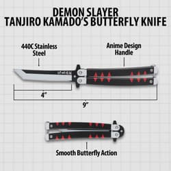 Diagram of butterfly knife with measurements and anime design handle
