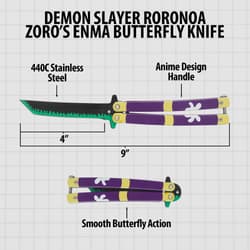 Diagram of anime-themed butterfly knife with dimensions