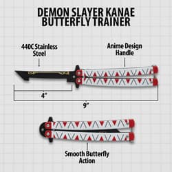 Diagram of butterfly trainer knife with measurements and features