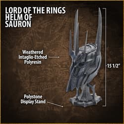 Sauron's helm with labels, polystone stand, map background