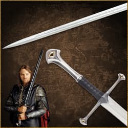 Close-up of a sword with a character holding it against a map background