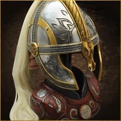 Close-up of a detailed helmet with horse motifs and engravings