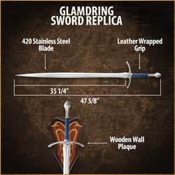 Diagram of Glamdring Sword Replica with dimensions and features labeled