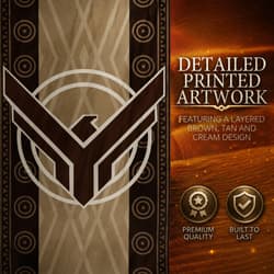 Detailed printed artwork in brown, tan, and cream design