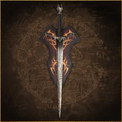 Sword displayed on a decorative shield over a map