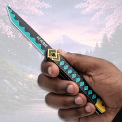Hand holding anime-inspired knife with teal and black blade