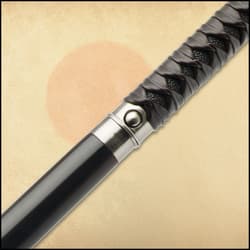 It has an 18 1/4” Damascus steel blade that can be drawn from the metal shaft with the push button blade release