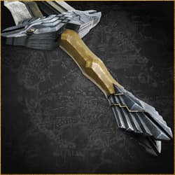 Detailed view of a sword hilt with raven design