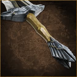 Detailed view of a sword hilt with raven motif