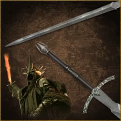 Sword with a character in armor holding a flaming weapon against a map