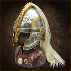 Decorative helmet with horse motif and red base