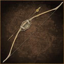 Bow and arrow mounted on decorative plaque over a map background