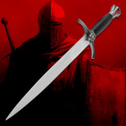 Silver sword with black handle on red knight background