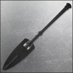 Spear sheathed in black leather on textured background