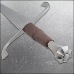 Full view of the Honshu Historic Forget German Long Sword with 1065 carbon steel blade, black leather wrapped grip, and decorative guard.