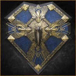 Decorative blue and gold shield with raven motifs