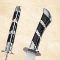 Close-up of scimitar's black and silver handle