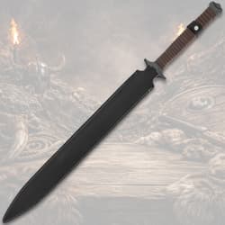 Sword in black scabbard with leather-wrapped handle