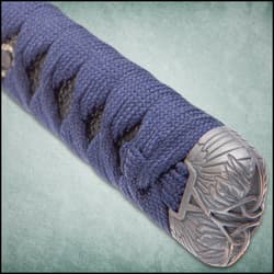 A blue hanging cord is wrapped around the black scabbard.